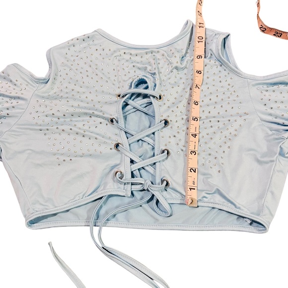 Baby Blue Rhinestone Cut Out Lace Up Long Sleeve Crop Top & Bottoms Rave Set - Picture 10 of 12